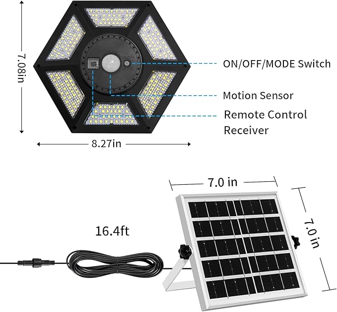 Aqonsie Solar Shed Light Indoor Outdoor Solar Powered Pandent Daytime Work Lights with 5 Lighting Modes &amp 3 Timers 180LED Solar Indoor Lights Motion Sensor with Remote Control for Shed Barn Garag