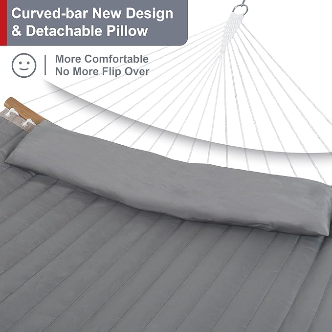 Outdoor Hammock with Stand Included Heavy Duty Hammock with Curved Spreader Bar Pillow and Portable Bag 450 Lbs Capacity Grey