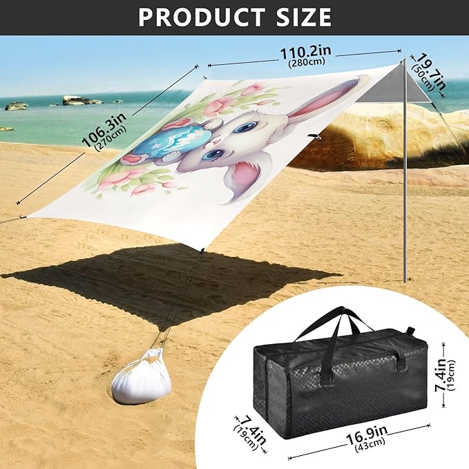 ALAZA Cute Rabbit Easter Egg Beach Tent Sun Shelter UPF50+ Protection Beach Shade Canopy w/ 4 Sandbags for Outdoor Camping Fishing Backyard Fun Picnic 10x9 ft