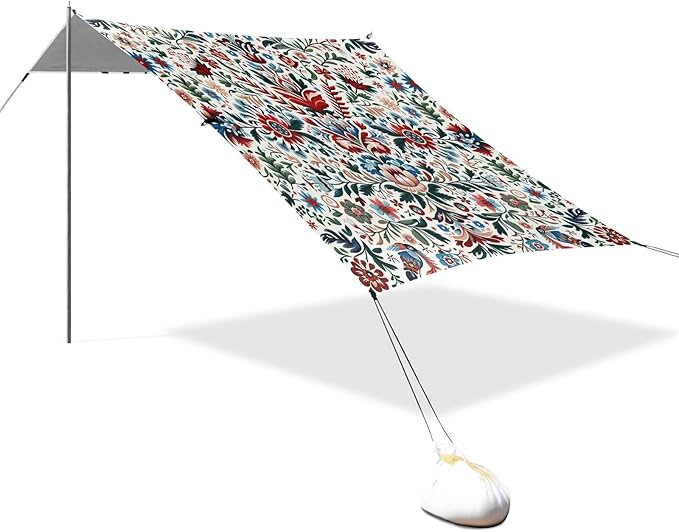 Ethnic Floral Texture Beach Tent Sun Shelter Set UPF50+ UV Protection 10.5 x 9.19 FT Camping Shade Canopy with Sandbags Sand Anchors Carrying Bag and Others