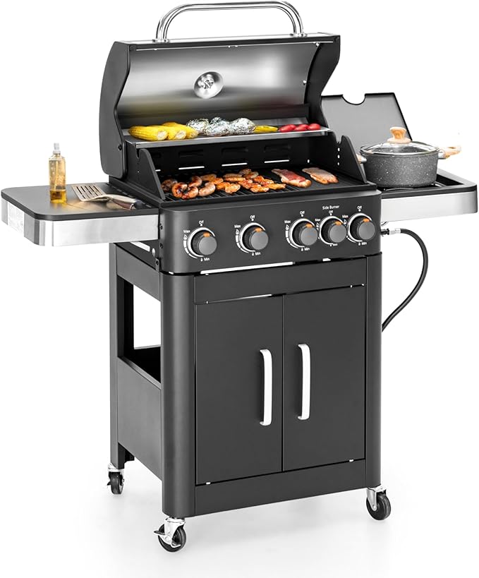 MFSTUDIO Propane Grills with Side Burner BBQ Grill Griddle Combo for Outdoor Cooking and Patio Backyard Barbecue with Porcelain-Enameled Cast Iron Grates Black