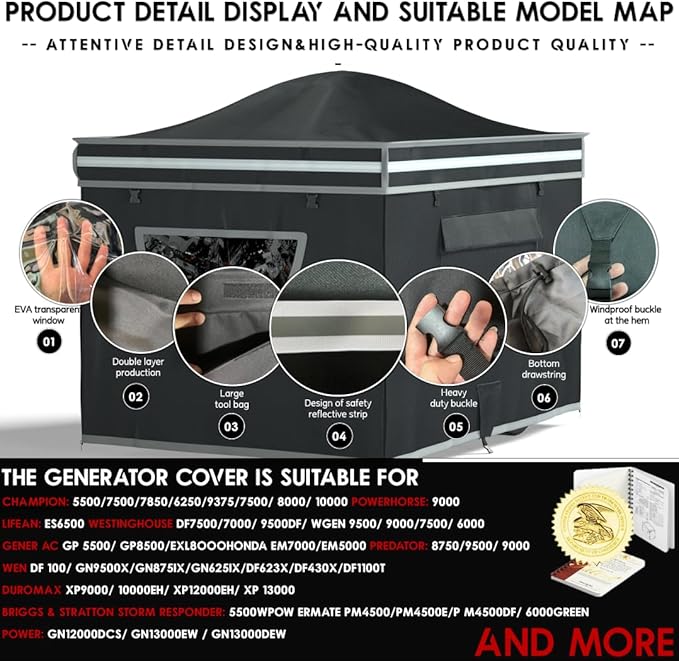 Generator Tent With Bracket Generator Cover Whlie Running 32X24X24 inches Roof Design Without Water Accumulation 1680D Marine Canvas Production+Heavy-Duty Stainless Steel Bracket Black