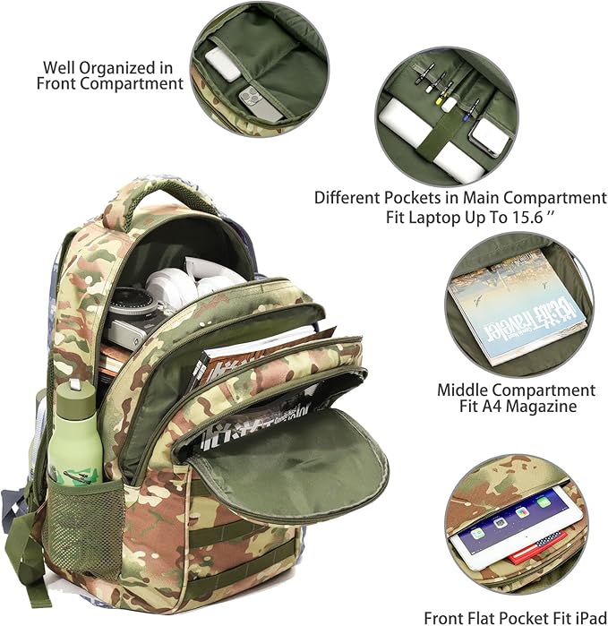 outdoor plus Camo BackpackMilitary Boys Backpacks for School30L Army Bookbag with USB Charging Port Waterproof