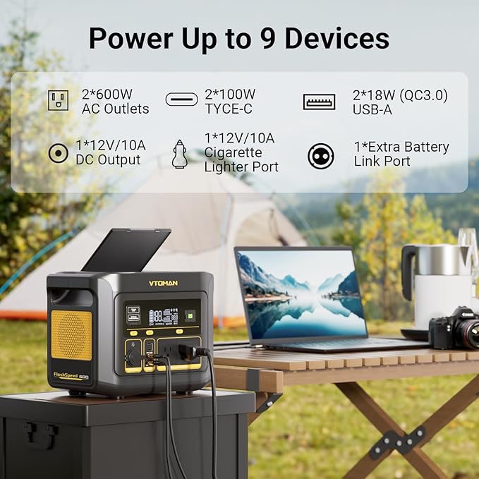 VTOMAN FlashSpeed 600 Portable Power Station 499Wh LiFePO4 Battery 600W AC (1200W Peak)/100W USB-C Output Solar Generator (Solar Panel Optional) for Home Backup Camping Fishing RVs