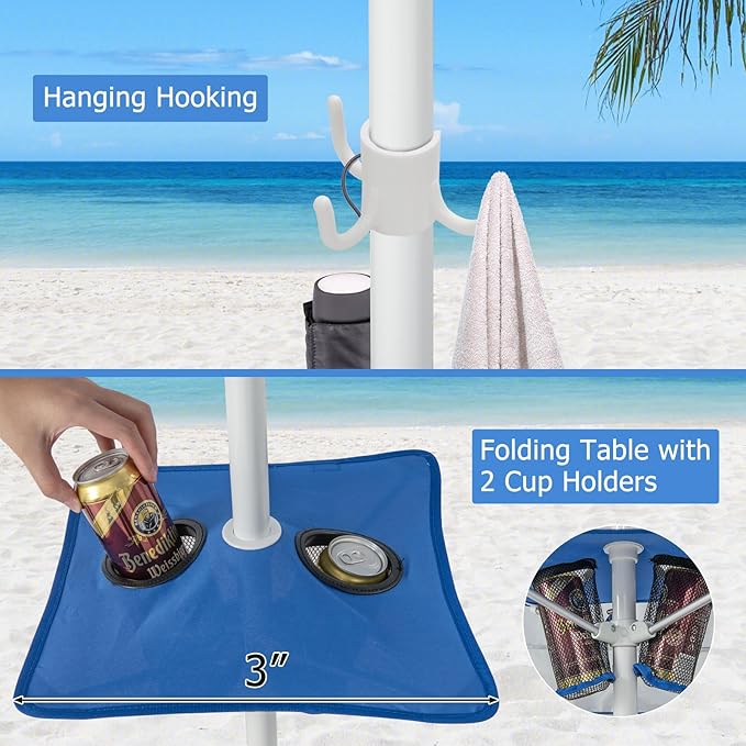 KOTEK 6.6'x6.6' Beach Cabana Portable Beach Shade Canopy with Sand Anchor Cup Holders &amp Sandbags Included Detachable Side Wall &amp Carrying Bag UPF 50+ Protection Easy Setup Beach Tent for
