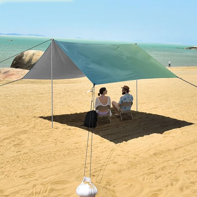 Dark Green Gradient Beach Cabana Tent UPF50 Lightweight Shade Sun Shelter with Sandbags Sand Shovel Poles for Camping Fishing Backyard Fun