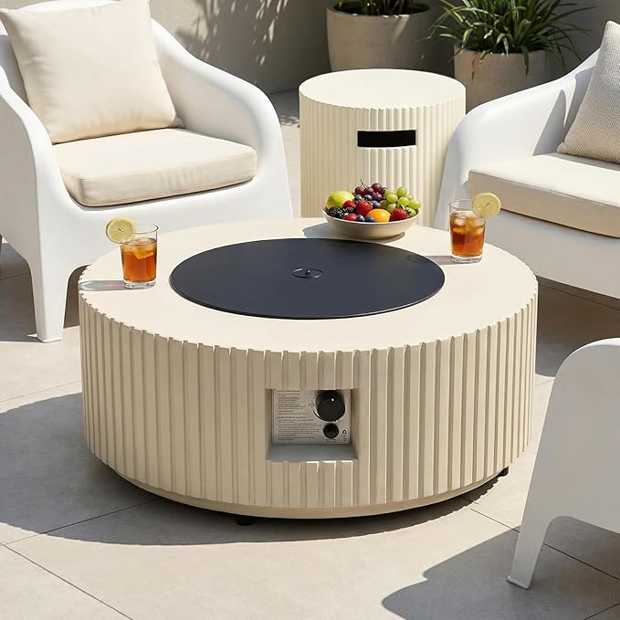 36inch Outdoor Propane Fire Pit Table Set - 3-Piece Round Concrete Natural Gas Firepit with Tank Cover Wind Guard Rain Cover 50000 BTU Modren Fire Table for Outside Patio Backyard - Beige