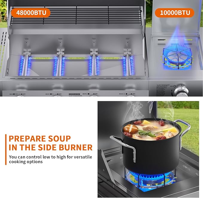 SKOK 4-Burner Propane Gas BBQ Grill with Side Burner &amp Porcelain-Enameled Grilling GratesStainless Steel Grill with 544 Sq. In. Grilling Area for Outdoor Cooking58000 BTU Output