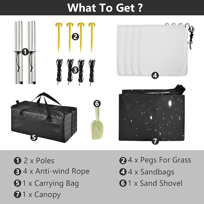 Galaxy Black Beach Tent Sun Shelter Set UPF50+ UV Protection 10.5 x 9.19 FT Camping Shade Canopy with Sandbags Sand Anchors Carrying Bag and Others