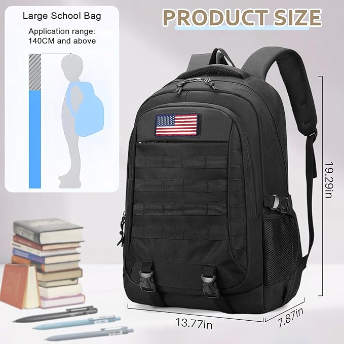 Tactical Backpack - 19'' Waterproof School Bag for Kids 15.6 Laptop Compartment &amp MOLLE Webbing for Camping Hiking Travel