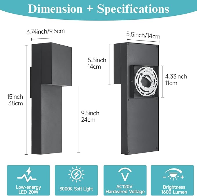 Modern LED Outdoor Wall Sconce Black Exterior Light Fixtures Outside Wall Mount Lighting for House Porch Garage Backyard 3000K 15 Inch 2 Packs