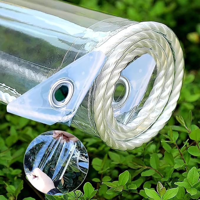 8 'x 12' Clear Vinyl Tarp Heavy Duty PVC Waterproofwith Grommets and Cable TieThick and Tear-Resistant Camping Patio Rain or Sun Shelter Cars Tarpaulin Home Garden Outdoor Use