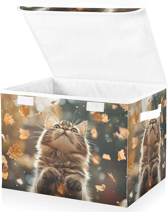 AIXIWAWA Lidded Storage Cube (Autumn Cat) Fabric Foldable Closet Bins with Flip Lid and Handles Organizer Basket Container 16.5 x 12.6 x 11.8 IN