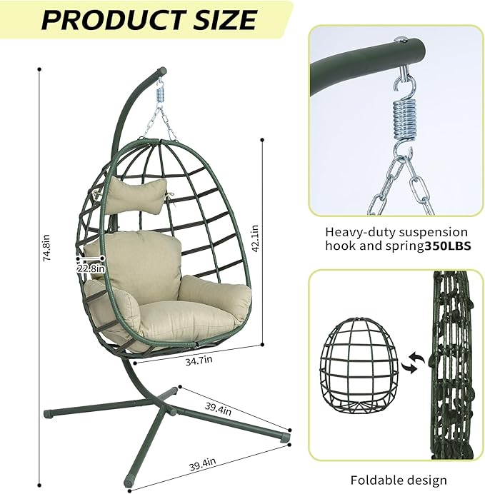 Hanging Egg Chair with Stand Outdoor Indoor Patio Rattan Swing Hammock Chairs with Washable Cushion 350lbs Capacity PE Wicker Swing Chair for Backyard Bedroom Garden (Dark Green + Cyan Cushion)