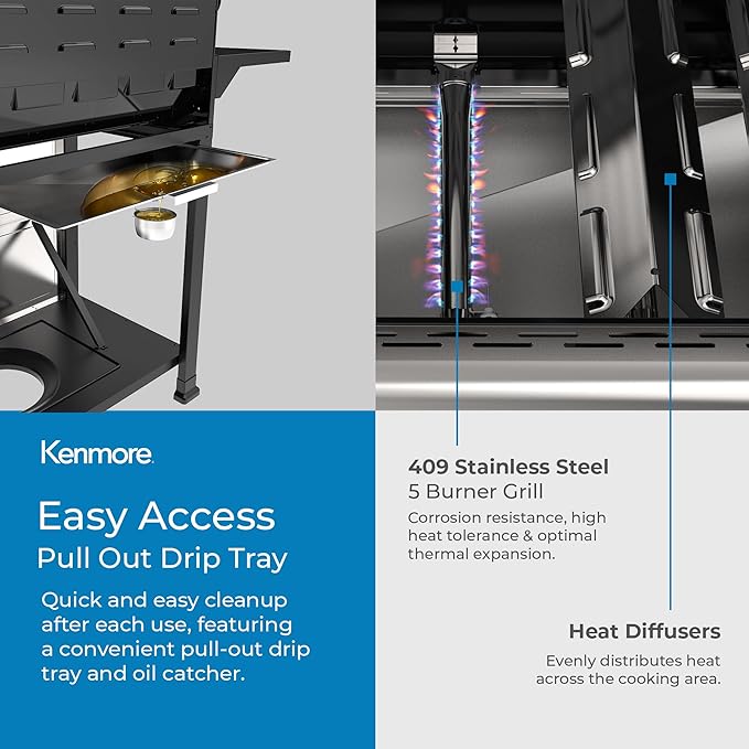 Kenmore BBQ Propane Gas Grill - 5 Burners with Side Burner &amp Searing Zone 644 Sq. In. Stainless Steel Grill 66000 BTU Ideal for Outdoor Cooking Patio &amp Backyard Silver