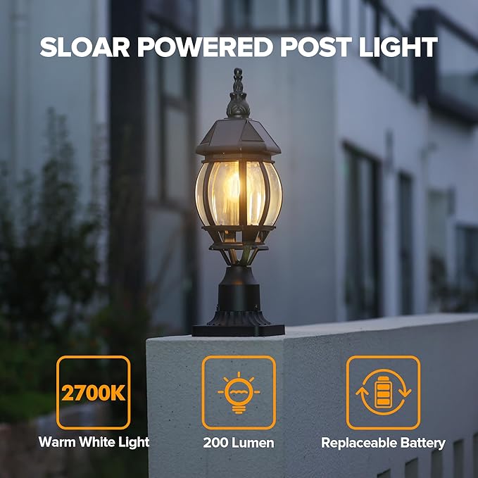 LUTEC Solar Post Light With Pier Mount Base Dusk to Dawn Aluminium Lamp Exterior Black Solar Powered Fence Waterproof for Outside