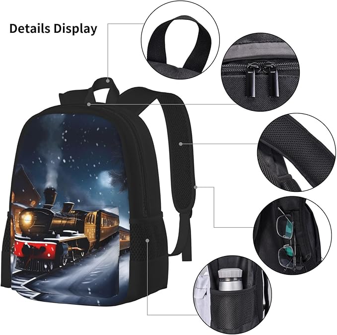 Winter Christmas Snow Night Railway Train Backpack With Lunch Box 3 In 1 Set With Pencil Case Large Capacity Backpack With Chest Strap