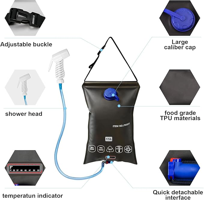 Outdoor Foldable Heated Shower Bag 15 Liter High Capacity Camping Shower Bag Kit with Shower Nozzle and Removable Hose Portable Summer Shower Bag for Hiking Beach Swimming