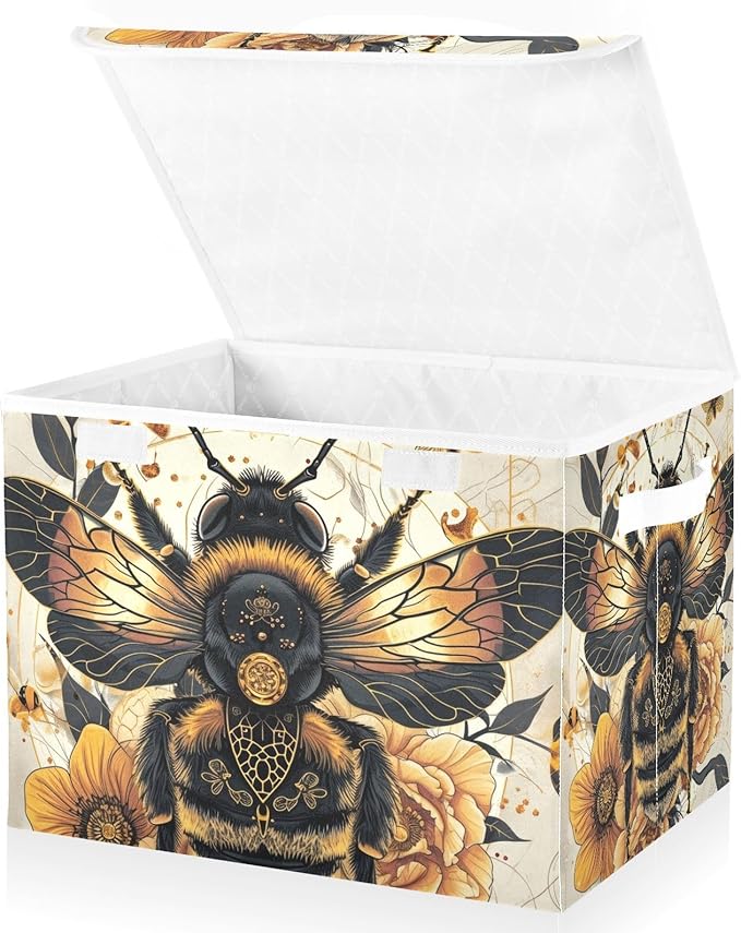 Bee Gold Floral Large Storage Bins with Linen Foldable Storage Box Fabric Closet Organizer Containers Cubes with Flip-Top Lid for Home Office 16.5” x 12.6” x 11.8”