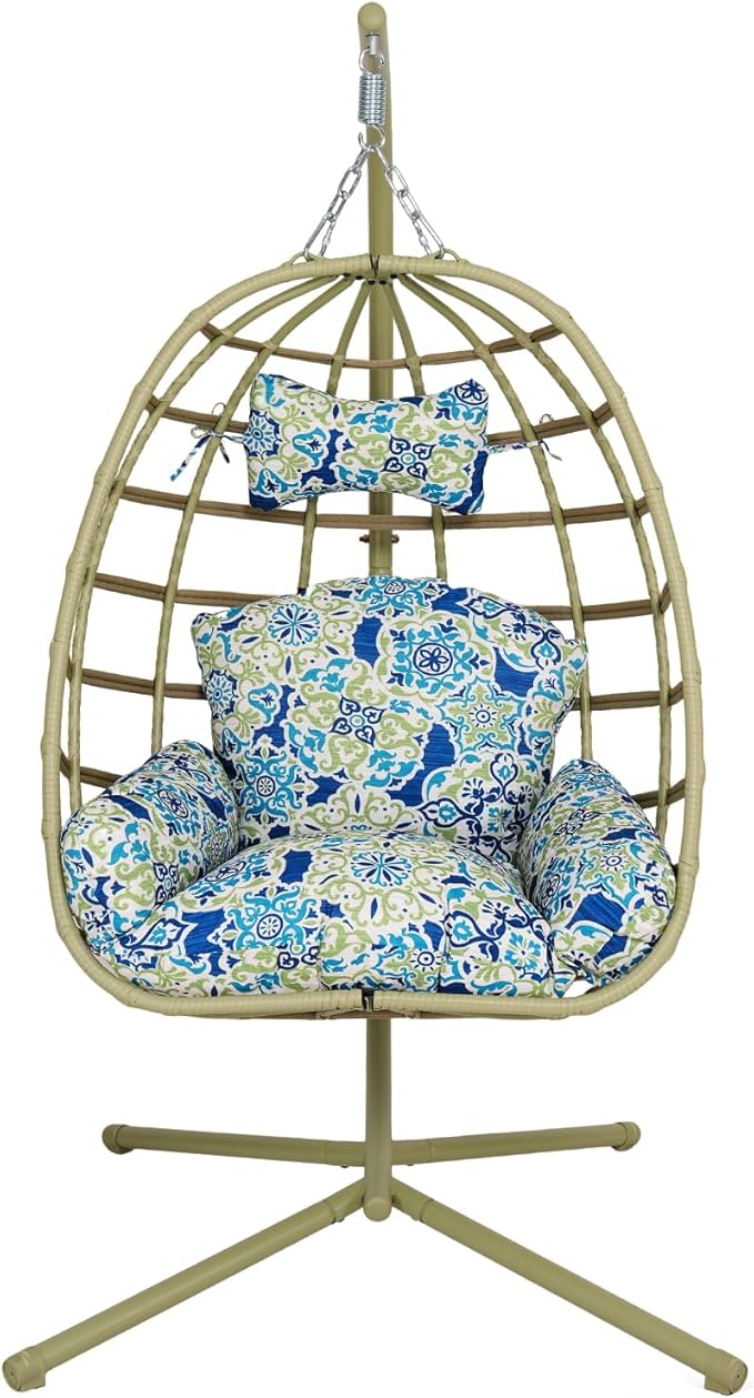Hanging Egg Chair with Stand Outdoor Indoor Patio Rattan Swing Hammock Chairs with Washable Cushion 350lbs Capacity PE Wicker Swing Chair for Backyard Bedroom Garden (Cyan + Floral Cushion)
