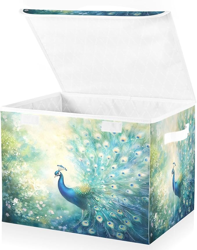 senya Baskets Collapsible Storage Bins with Lids Peacock Pattern K Storage Boxes Clothes Baskets for Organizing