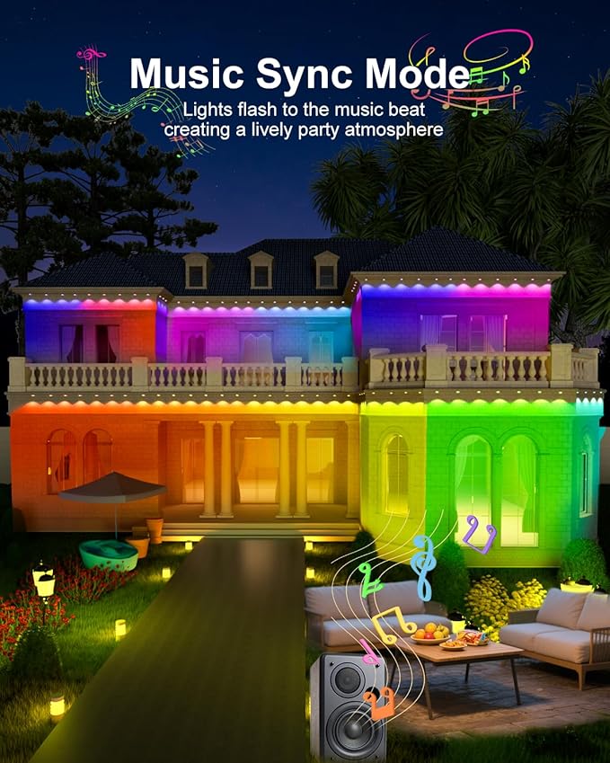 Permanent Outdoor Light Pro 100ft with 72 RGB+IC LED Lights 90 Scene Modes AI Light Design IP67 Waterproof for Halloween Christmas Decor and Daily Lighting Work with Alexa Google