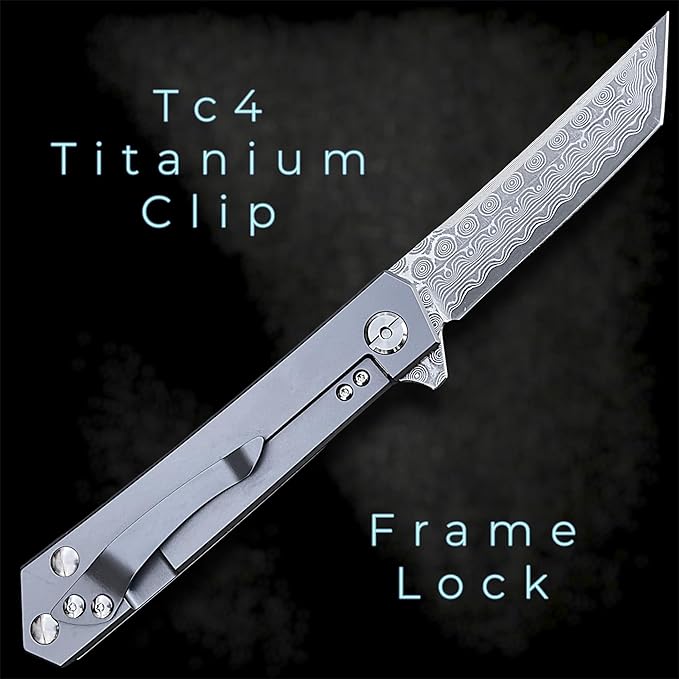 TACTICAL GEARZ Damascus Steel EDC Pocket Folding Knife Solid Tc4 Titanium Handle Includes Sheath (XT Midnight)