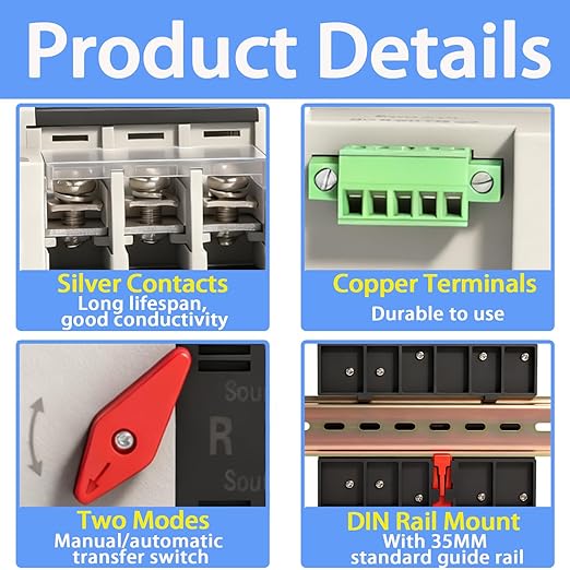 Mini ATS Automatic Transfer Switch Dual Power Changeover Switch 100A 110V Generator Electrical Selector Switches DIN Rail Mount 2P/3P