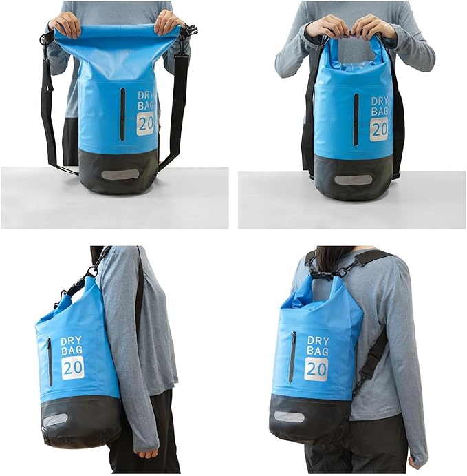 Rainproof Backpack Dry Bag 20L 500D PVC Outdoor Sports Roll Top with Front Pocket for Swimming Kayaking Camping Hiking Beach Activities (20L+2L)