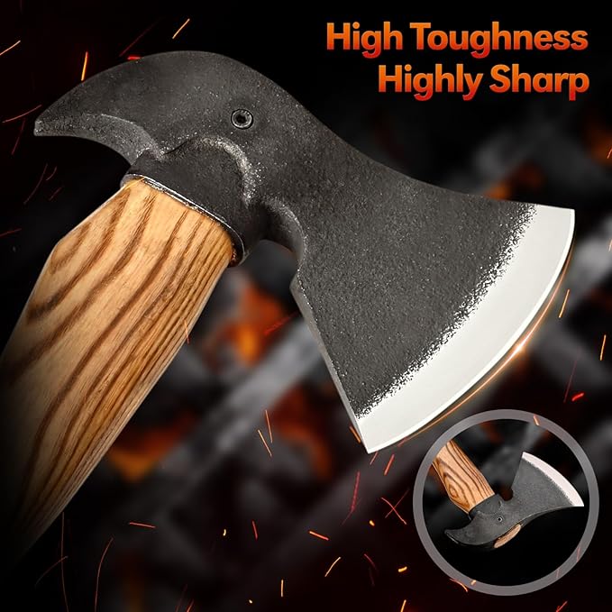 14” Hatchet Axe Camping Hatchet Hand Forged Axe with Sheath for Wood Chopping Splitting &amp Carving Bushcraft Axe with Ash Wood Handle for Outdoor &amp Survival