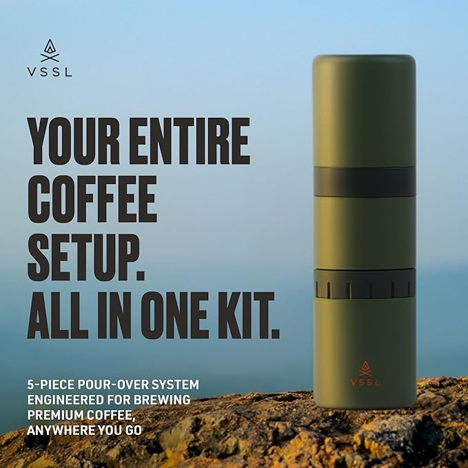 VSSL - Nest Pour Over Coffee Kit | Coffee Maker for Camping | All-In-One Travel Pour Over | Transportable Dripper Two 10oz Stainless Steel Travel Mugs | Compact Storage &amp Adventure Ready | Deep M