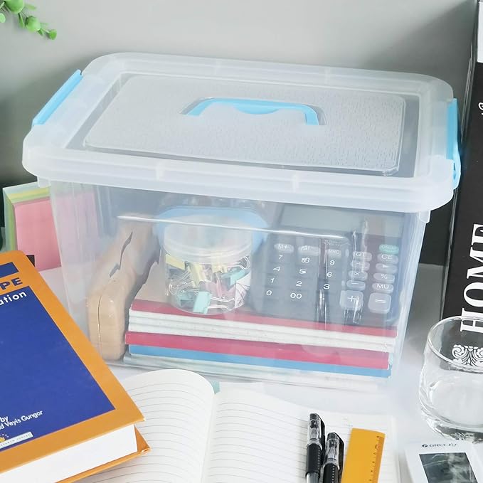 Hespama 12 Quart Storage Bin Plastic Latching Box/Container with Clear Lid Blue Handle and Latches 1 Pack