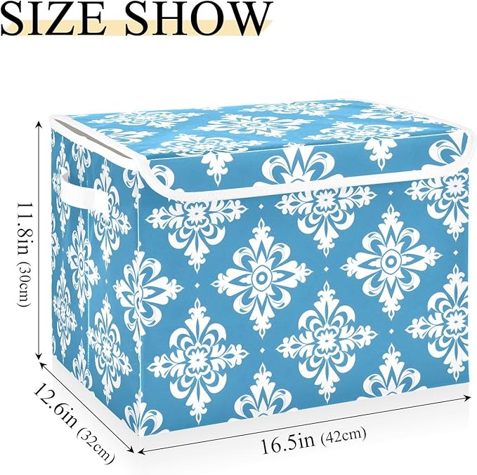 MNSRUU Containers Baskets with Lids Blue and White Floral Ornament Pattern Fabric Foldable Storage Bins Organizer with Lid Collapsible Storage Boxes for Home Bedroom Closet Office
