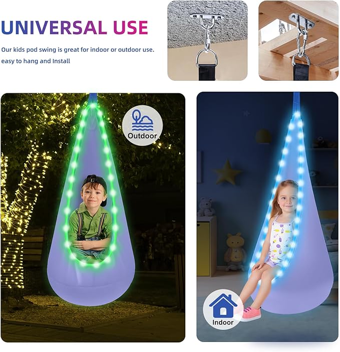 Light Up Swing Chair Hammock Chair Indoor Outdoor for Kids Pod with LED Lights Soft and Safe 176 lb. Load Capacity Easy Installation Perfect for Bedroom Garden and Playroom (Violet)
