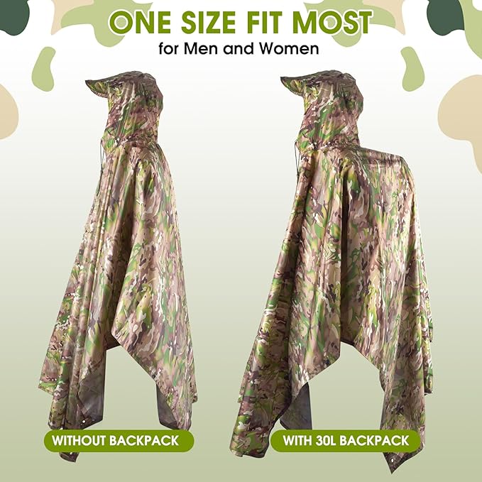 Military Camo Rain Poncho Extra Large Tactical Poncho Shelter with Pocket Waterproof for Hunting Hiking Camping Emergency