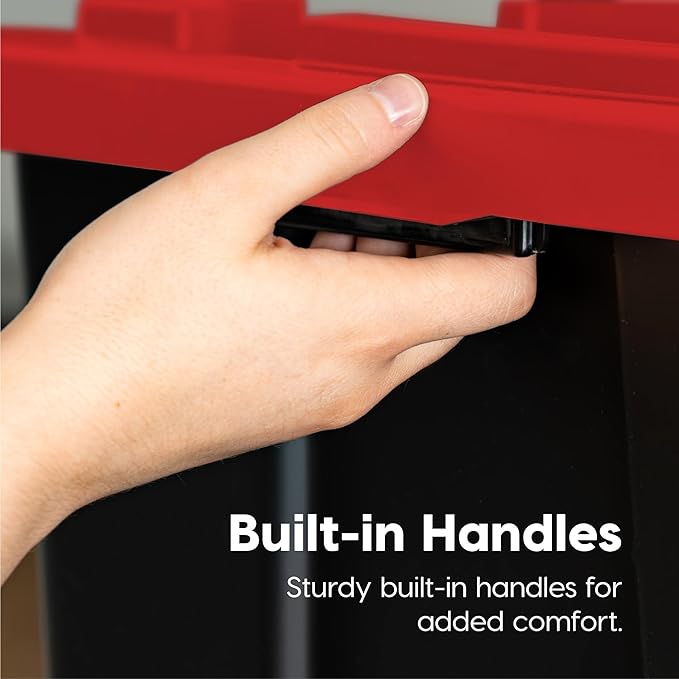 IRIS USA 4-Pack 27 Gallon Storage Bins with Lids |Made in USA| Heavy Duty Plastic Tote Containers for Truckbed Tool Box Organization Large - Red