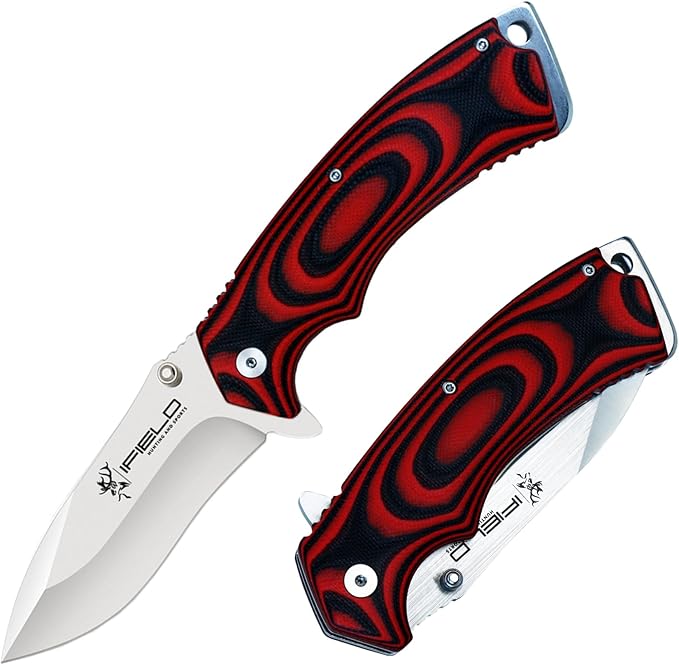 iFIELD Bushcraft Hunting Folding Knife EL29090 3.6 7CR17MOV Blade (54-57 HRC) G10 Handle Satin Finish Lightweight Outdoor Tool for Camping &amp Fishing