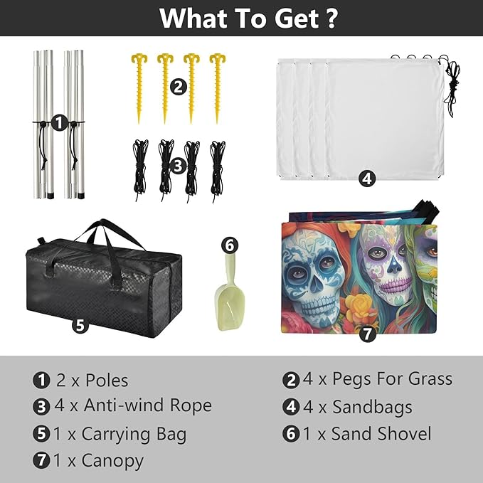 ALAZA Sugar Skulls Day of Dead Beach Tent Sun Shelter UPF50+ Protection Beach Shade Canopy w/ 4 Sandbags for Outdoor Camping Fishing Backyard Fun Picnic 10x9 ft