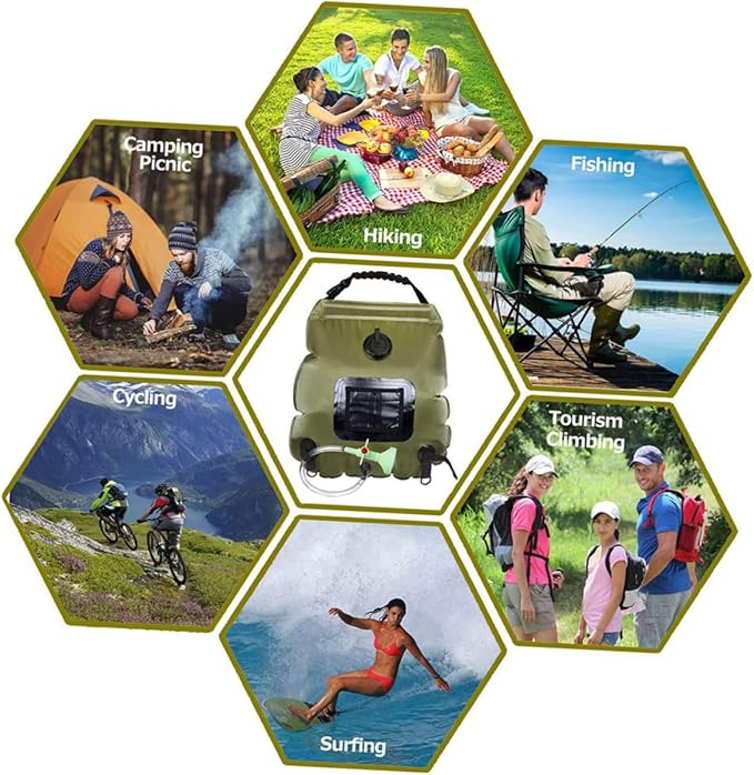 Solar Shower Bag for Camping Hiking Outdoor Activities Portable Water Storage with Shower Nozzle Easy to Use Displays Water Temperature Olive Green