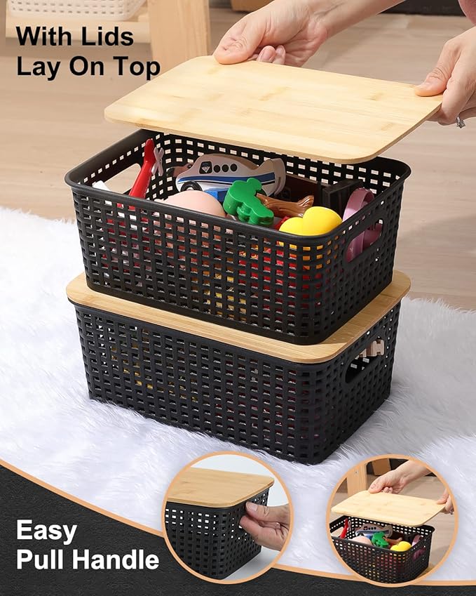AREYZIN Storage Bins with Bamboo Lids Set of 6 Lidded Storage Container Plastic Baskets Organizer Bins for Organizing Kithen Room Bedroom Office Closet Sturdy(Black)