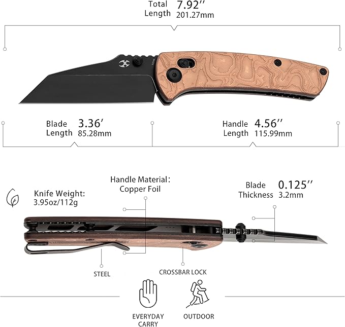 KANSEPT Elite Main Street Pocket Knife 3.36''Blackwash CPM S35VN Tanto Blade Pure Copper + G10 Handle with Axis Lock and Thumb StudClip for EDC Men Gift Camping Survival Folding knives K1015V2
