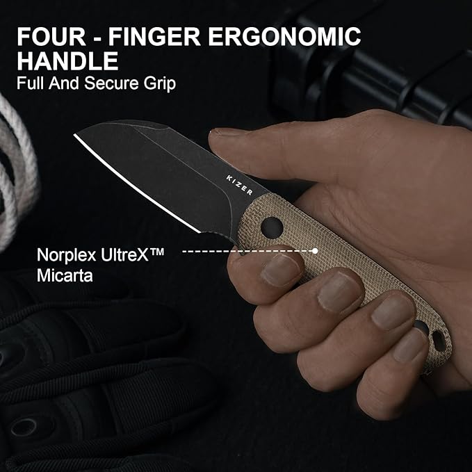 Kizer Drop Bear Fixed Blade Knife 2.56 AEB-L Blade EDC Camping Knife with Norplex UltreX™ Brown Micarta Handle &amp Built-in Tools Small Hunting Survival Knives with Adjustable Kydex Sheath 1093A