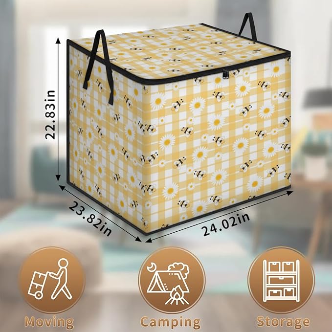 Large Daisy Storage Bags with Lid XL Blanket Clothes Storage Bins Foldable Organizers Storage Containers with Handle for Comforters Bed Sheets Pillows Flowers with Bees in Spring