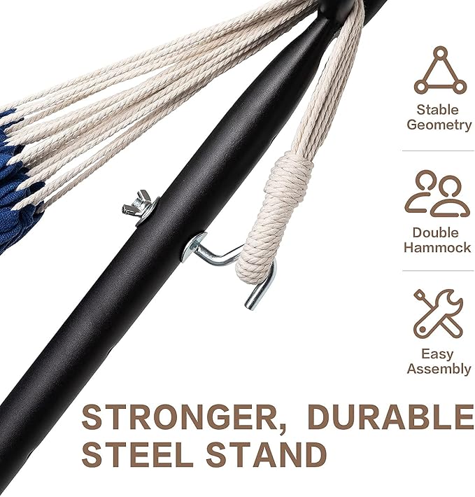 PNAEUT Double Hammocks with Stand for Outside Portable Space Saving Heavy-Duty Steel Stand for Indoor Outdoor Patio with Carrying Bag 450 lbs Capacity (Navy)