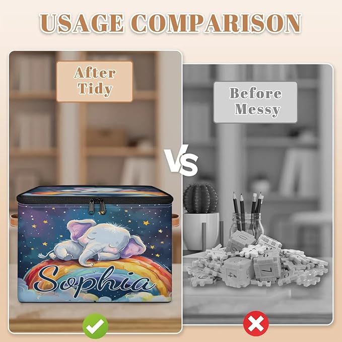 Custom Storage Basket with Name Personalized Storage Bins with Zipper Lid Foldable Fabric Storage Box Large capacity with Handle Elephant Rainbow