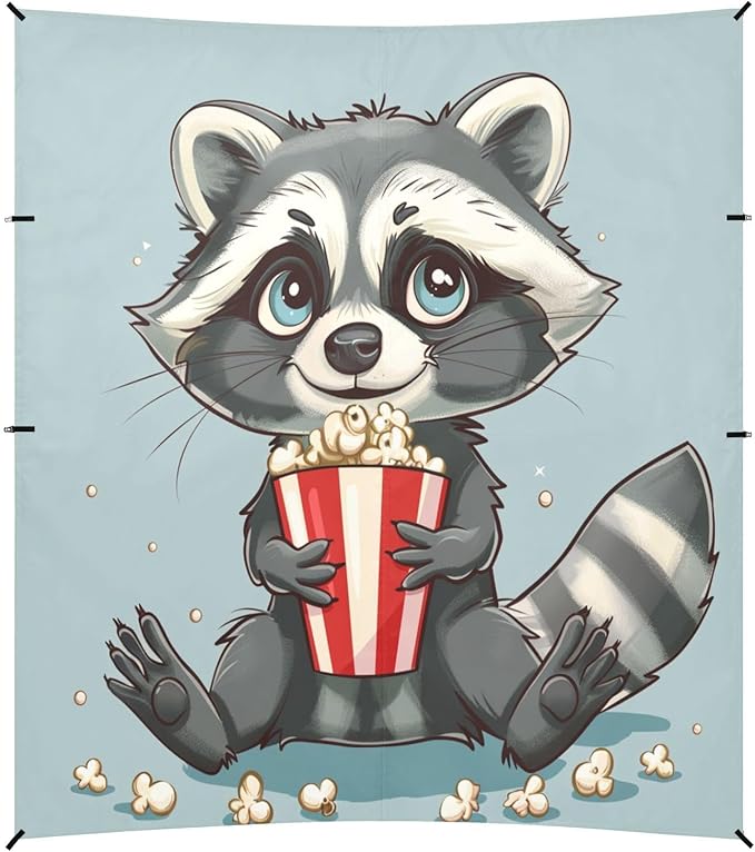ALAZA Cute Raccoon Popcorn Cartoon Beach Tent Sun Shelter UPF50+ Protection Beach Shade Canopy w/ 4 Sandbags for Outdoor Camping Fishing Backyard Fun Picnic 10x9 ft