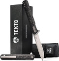 TEKTO F2 Bravo Folding Knife Pocket - D2 Steel Blade Ceramic Ball Bearings - EDC - Snap Swift Flip - Camping Backpacking - 2.4oz (68g) Forged Carbon Handle Silver Titanium Accents