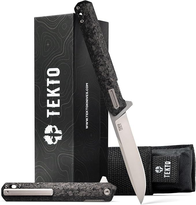 TEKTO F2 Bravo Folding Knife Pocket - D2 Steel Blade Ceramic Ball Bearings - EDC - Snap Swift Flip - Camping Backpacking - 2.4oz (68g) Forged Carbon Handle Silver Titanium Accents
