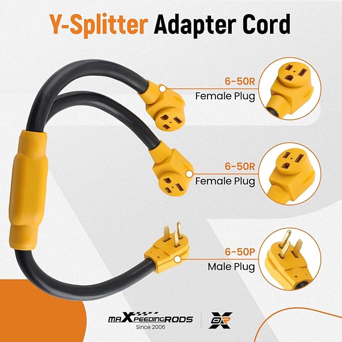 maXpeedingrods 50 Amp Y Splitter Adapter Cord 3 Prong NEMA 6-50P to 2 Outlet 6-50R Female Connectors 6 AWG 3 Feet 250 V Outdoor Extension Cord for EV RV
