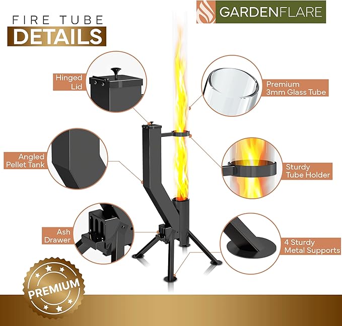 GARDENFLARE Stainless Steel Pellet Stove &amp Smokeless Firepit Patio Heater for Ambiance - Fire Pit for Patio Fire Tube Outside Backyard Bonfire &amp Outdoor Fireplace (Matte Black Premium)